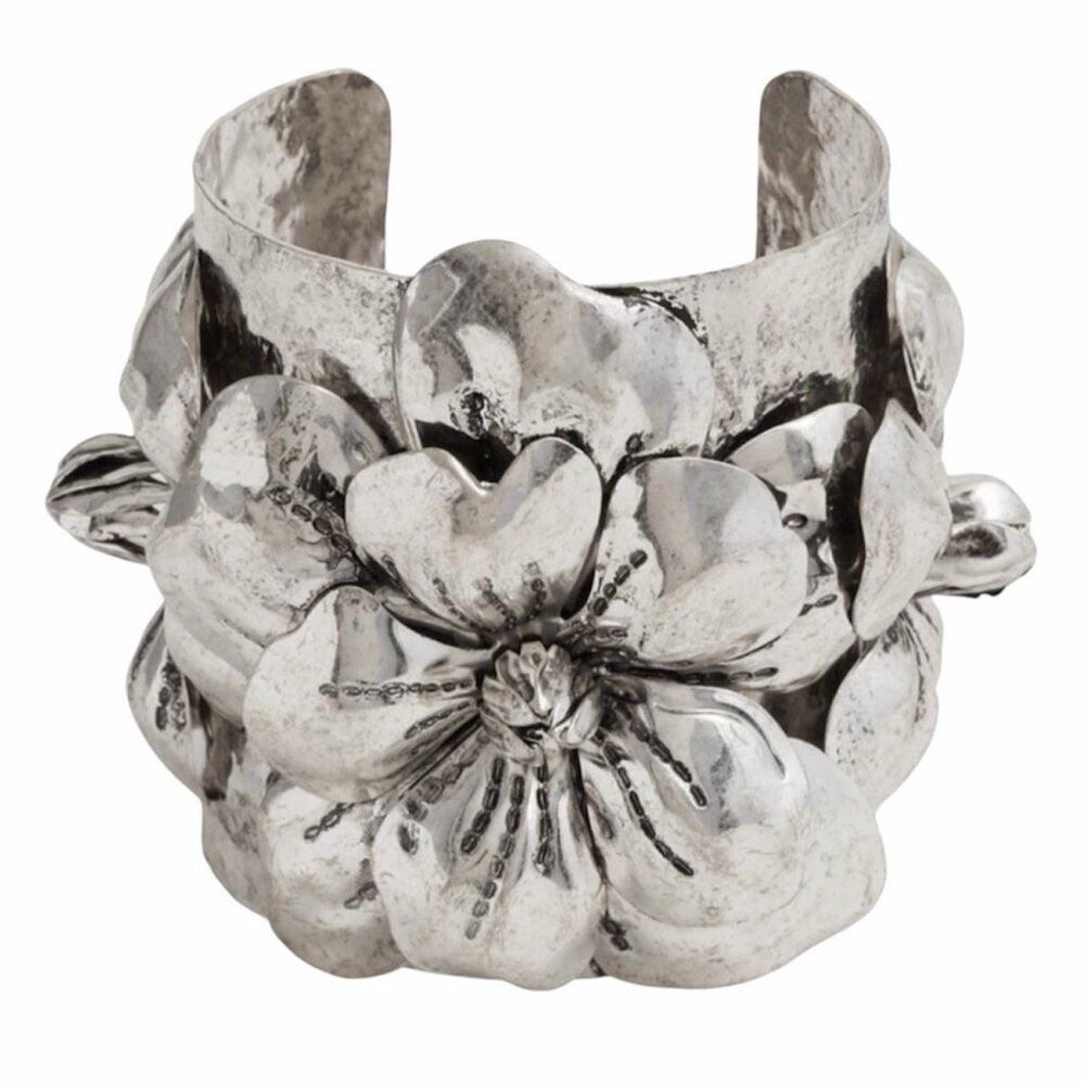 New Gorgeous Piper K Silver Bold Floral Big Flower Wide Cuff Statement Bracelet